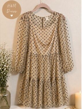 H&M Polka Dot Tulle Dress | Puff Sleeve Mesh Tiered Mini | Size M